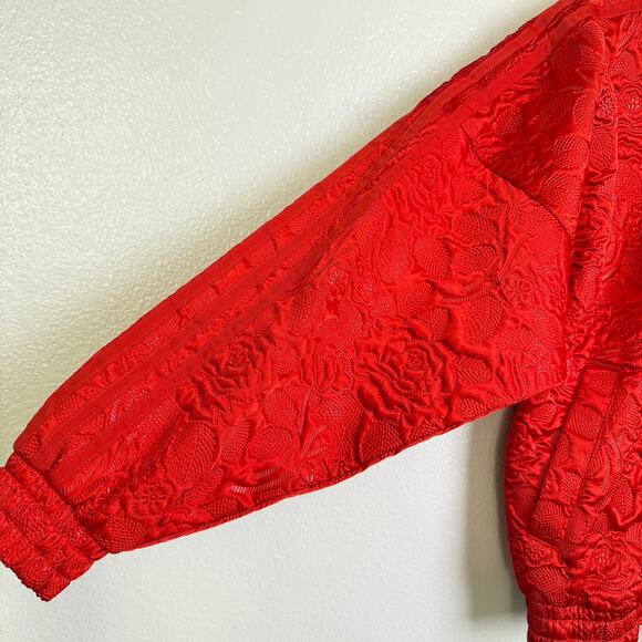 Adidas Tracktop Jacket Womens XS Red Floral Jacquard Trefoil Snap Up AY6733 NWOT - Picture 8 of 11